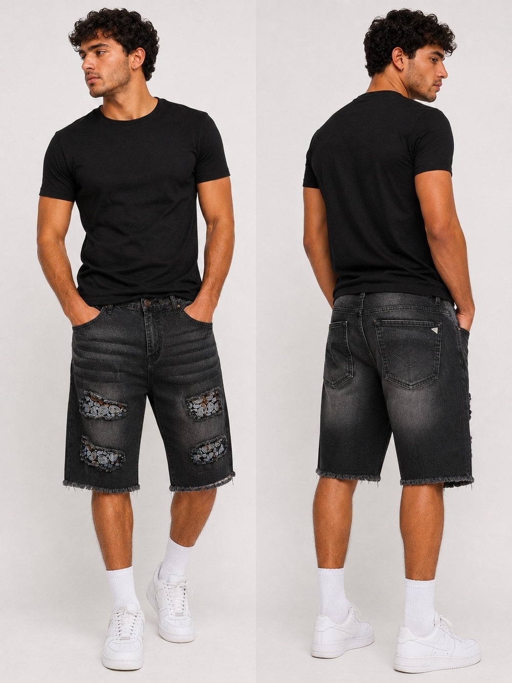 Men's Black Distressed Denim Shorts with Patch Details